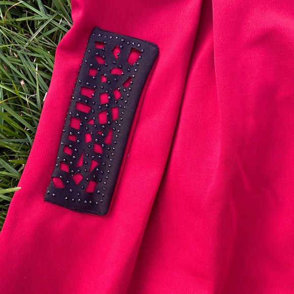 Deep Red Dress with Black Beaded Collar - Picture 3 of 5